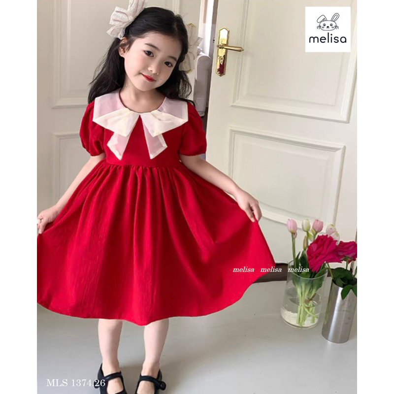 Đầm đỏ Melisa cổ nơ trắng tay phồng bé gái đáng yêu