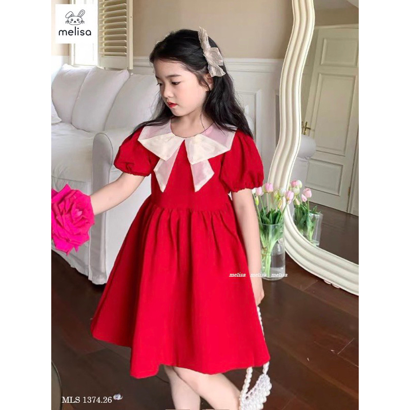 Đầm đỏ Melisa cổ nơ trắng tay phồng bé gái đáng yêu