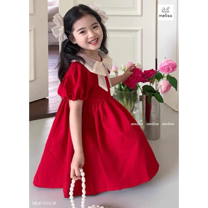 Đầm đỏ Melisa cổ nơ trắng tay phồng bé gái đáng yêu