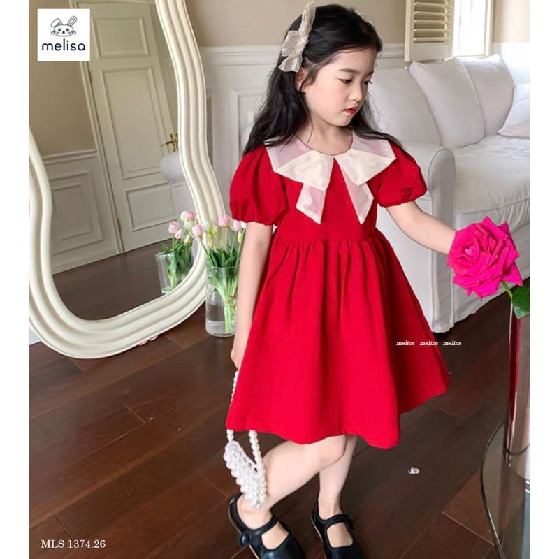 Đầm đỏ Melisa cổ nơ trắng tay phồng bé gái đáng yêu
