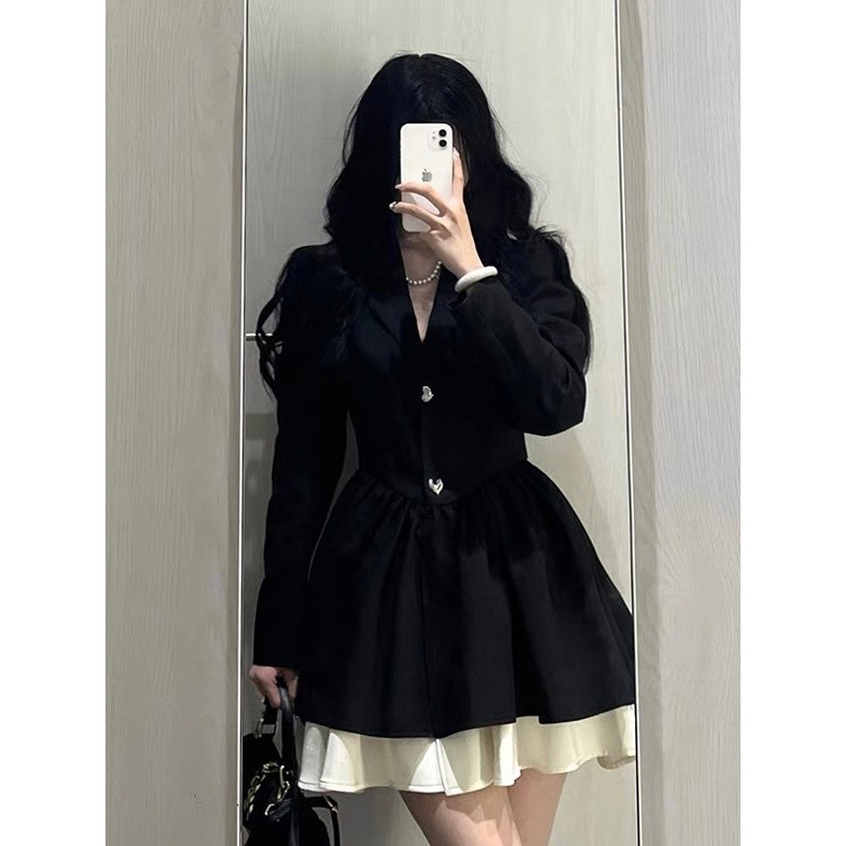 Váy đen phối trắng cổ vest YIMI Váy nữ tiểu thư