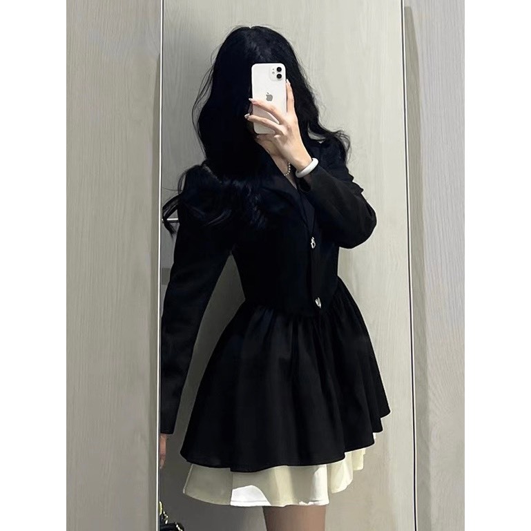 Váy đen phối trắng cổ vest YIMI Váy nữ tiểu thư