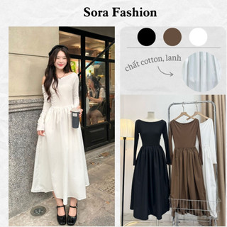 Đầm Trễ Vai Dáng Dài Sora Fashion,Váy Lệch Vai Tay Dài Hở Vai Basic Chất Liệu Kaki 115