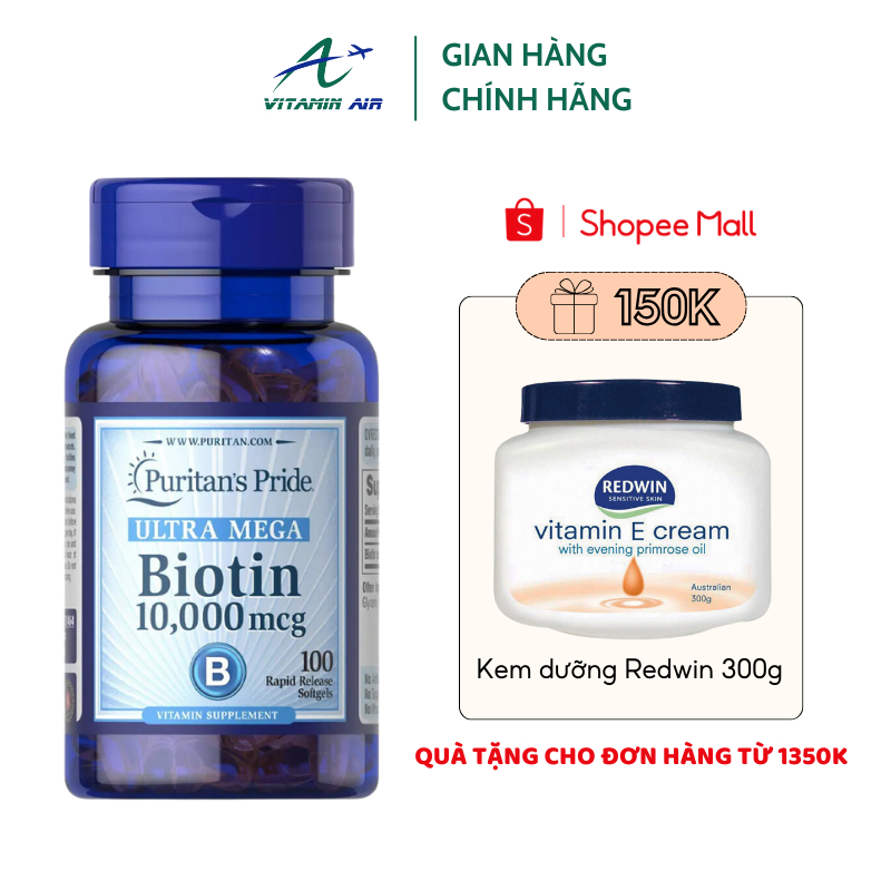 Viên uống hỗ trợ ngăn rụng tóc, làm đẹp da Puritan's Pride Biotin 10000 mcg 100 viên