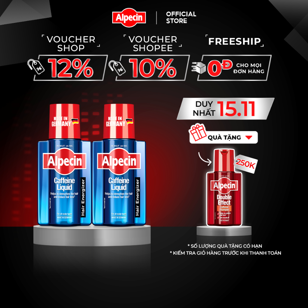 Combo 2 Tinh chất caffeine ngăn rụng tóc Alpecin Liquid 200ml, kích thích tóc mọc