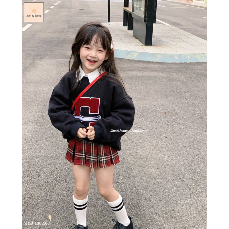 Set Jam&Jenny áo nỉ bông chân váy caro kèm cổ sơ mi giả bé gái