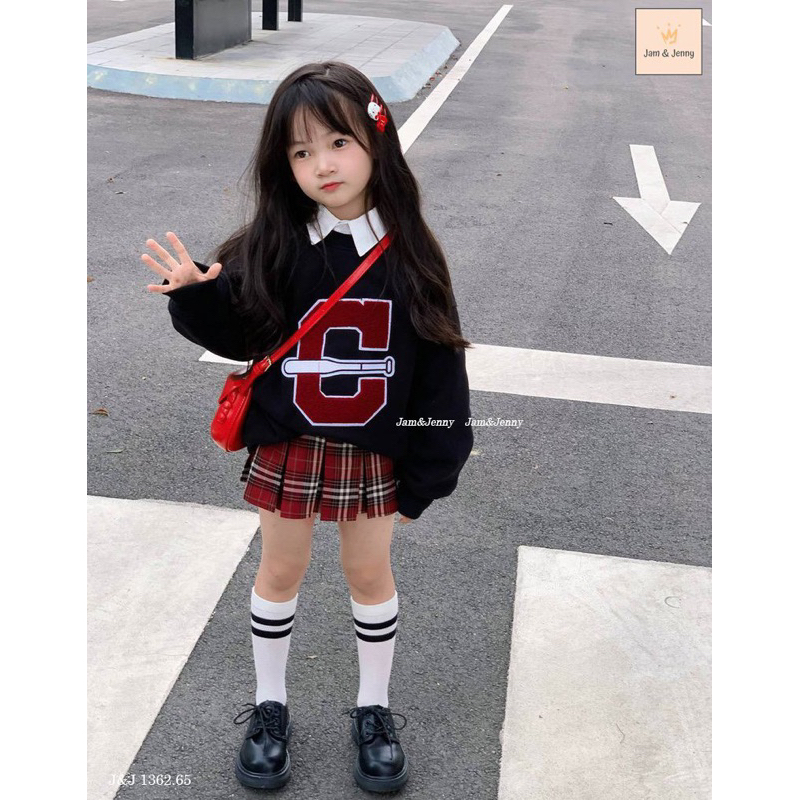Set Jam&Jenny áo nỉ bông chân váy caro kèm cổ sơ mi giả bé gái