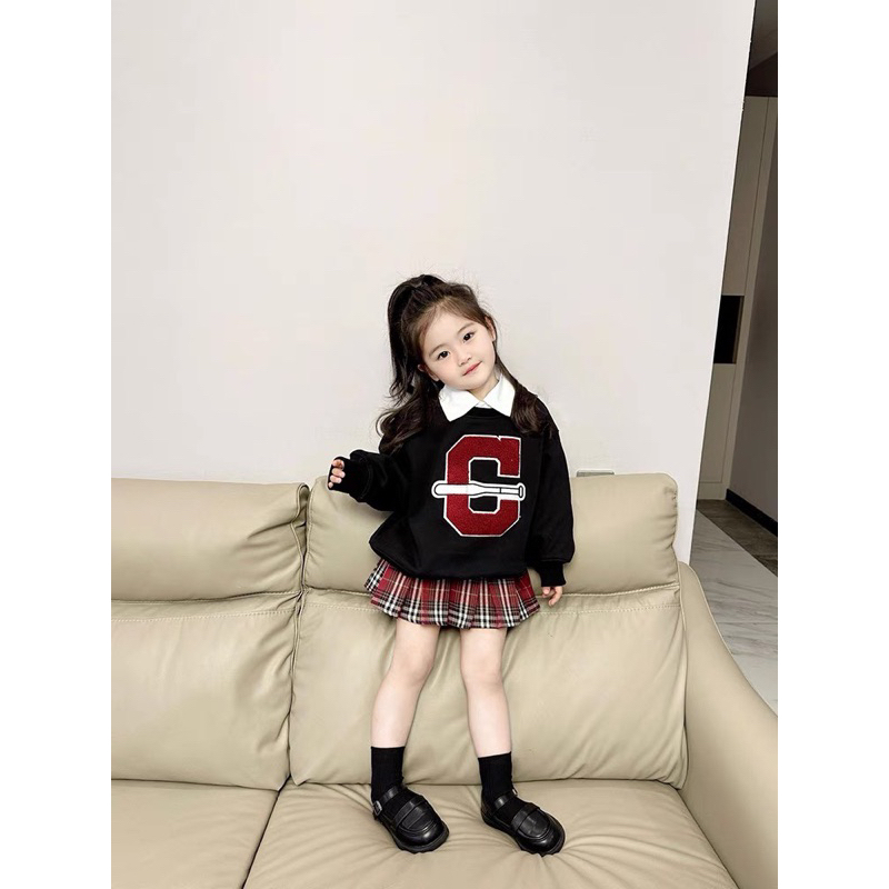 Set Jam&Jenny áo nỉ bông chân váy caro kèm cổ sơ mi giả bé gái