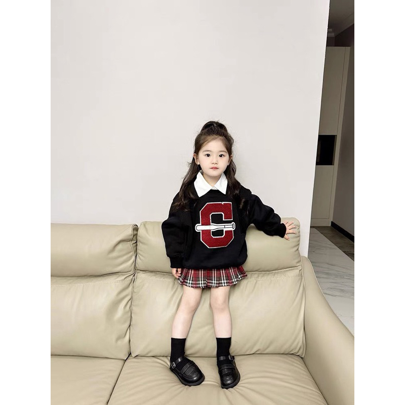 Set Jam&Jenny áo nỉ bông chân váy caro kèm cổ sơ mi giả bé gái