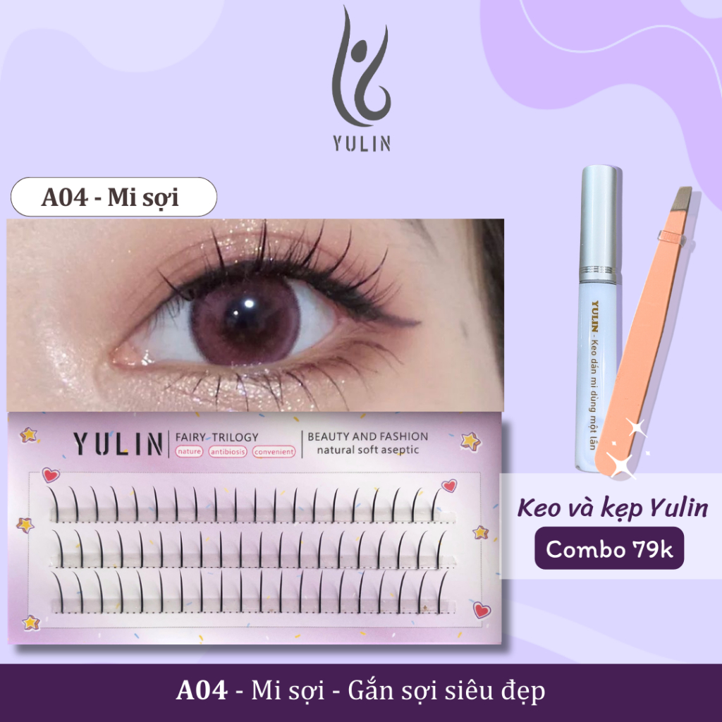 Mi giả tách sợi tự nhiên và nổi bật, mi tách sợi kèm keo và kẹp chuyên dụng YULIN