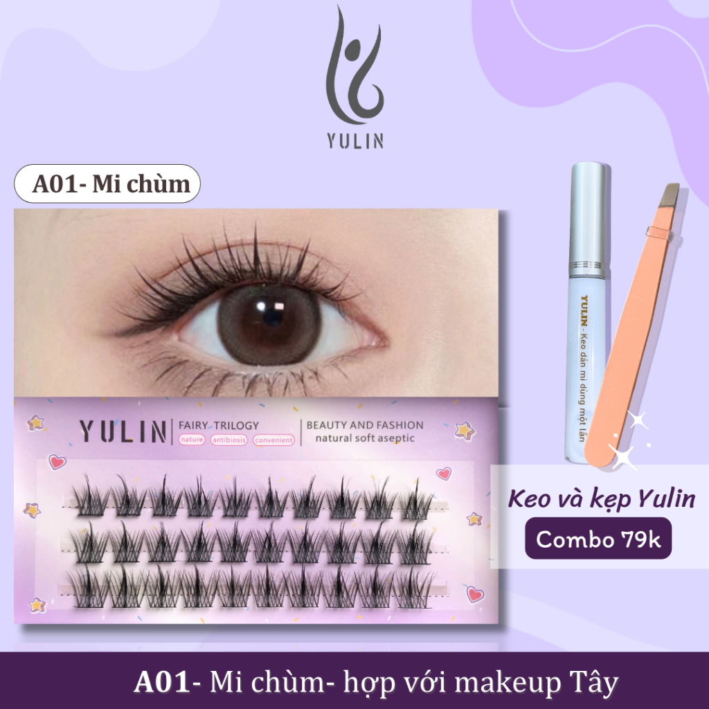 Mi giả tách sợi tự nhiên và nổi bật, mi tách sợi kèm keo và kẹp chuyên dụng YULIN
