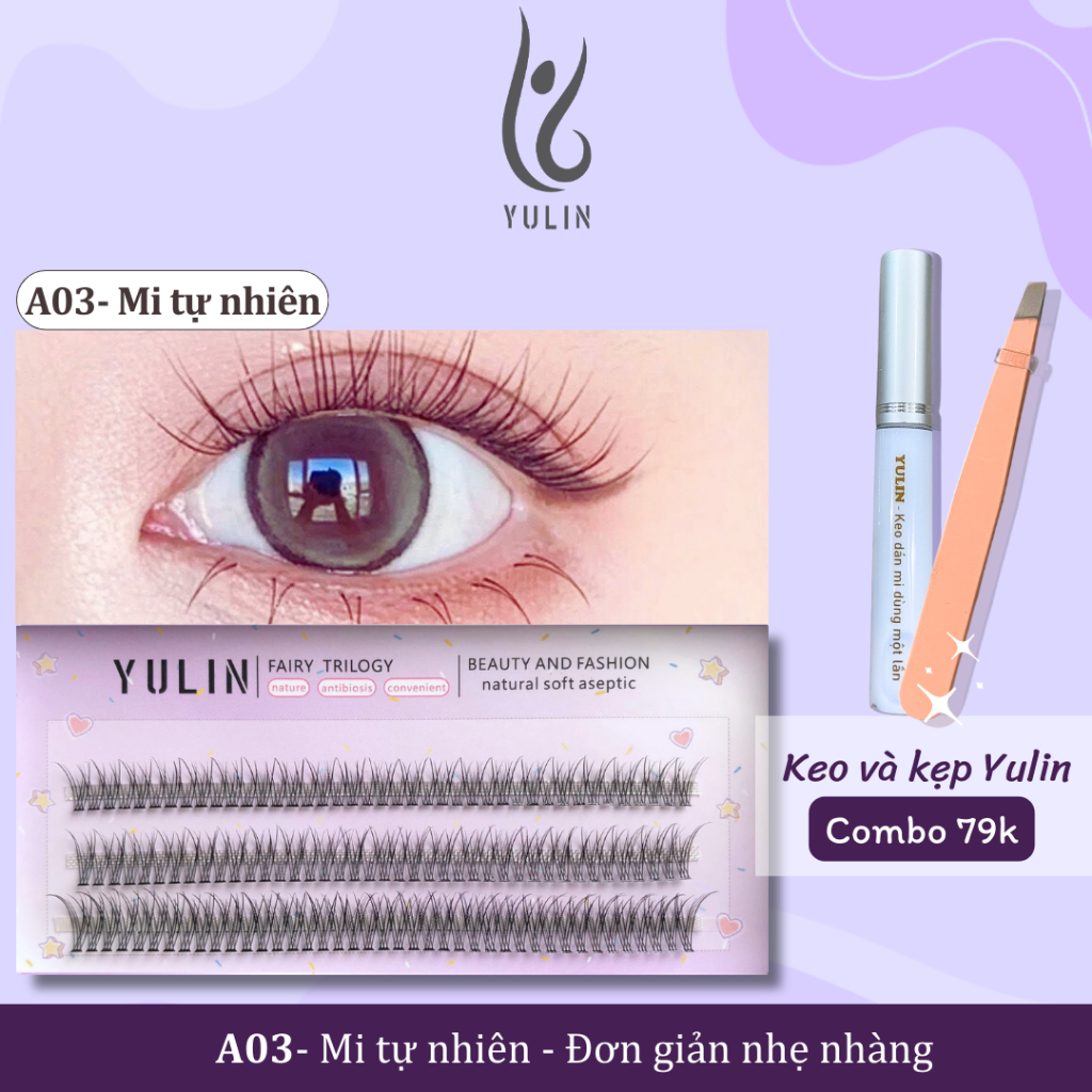 Mi giả tách sợi tự nhiên và nổi bật, mi tách sợi kèm keo và kẹp chuyên dụng YULIN