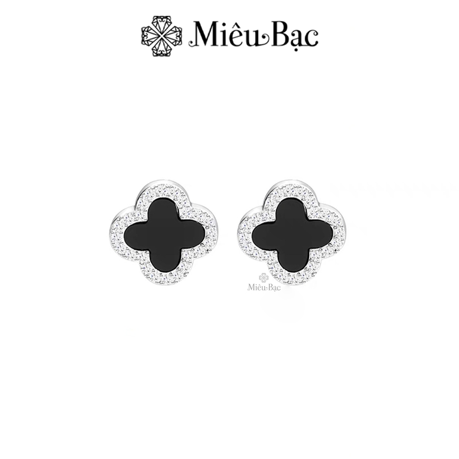 Khuyên tai bạc nữ MIÊU BẠC bông tai thiết kế hình cỏ 4 lá đen viền bạc đính đá bạc 925 cao cấp B400891 - 1 Đôi