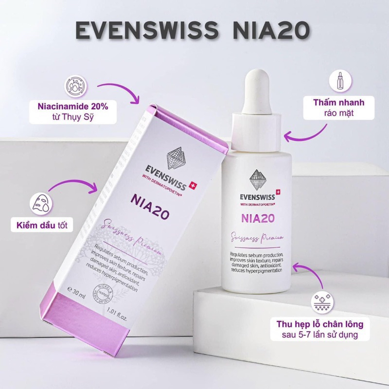 (CÔNG TY) Serum Nia20 Evenswiss 20%  Niacinamide hỗ trợ kiềm dầu thu nhỏ lỗ chân lông, sáng da,chống lão hoá (30ml)
