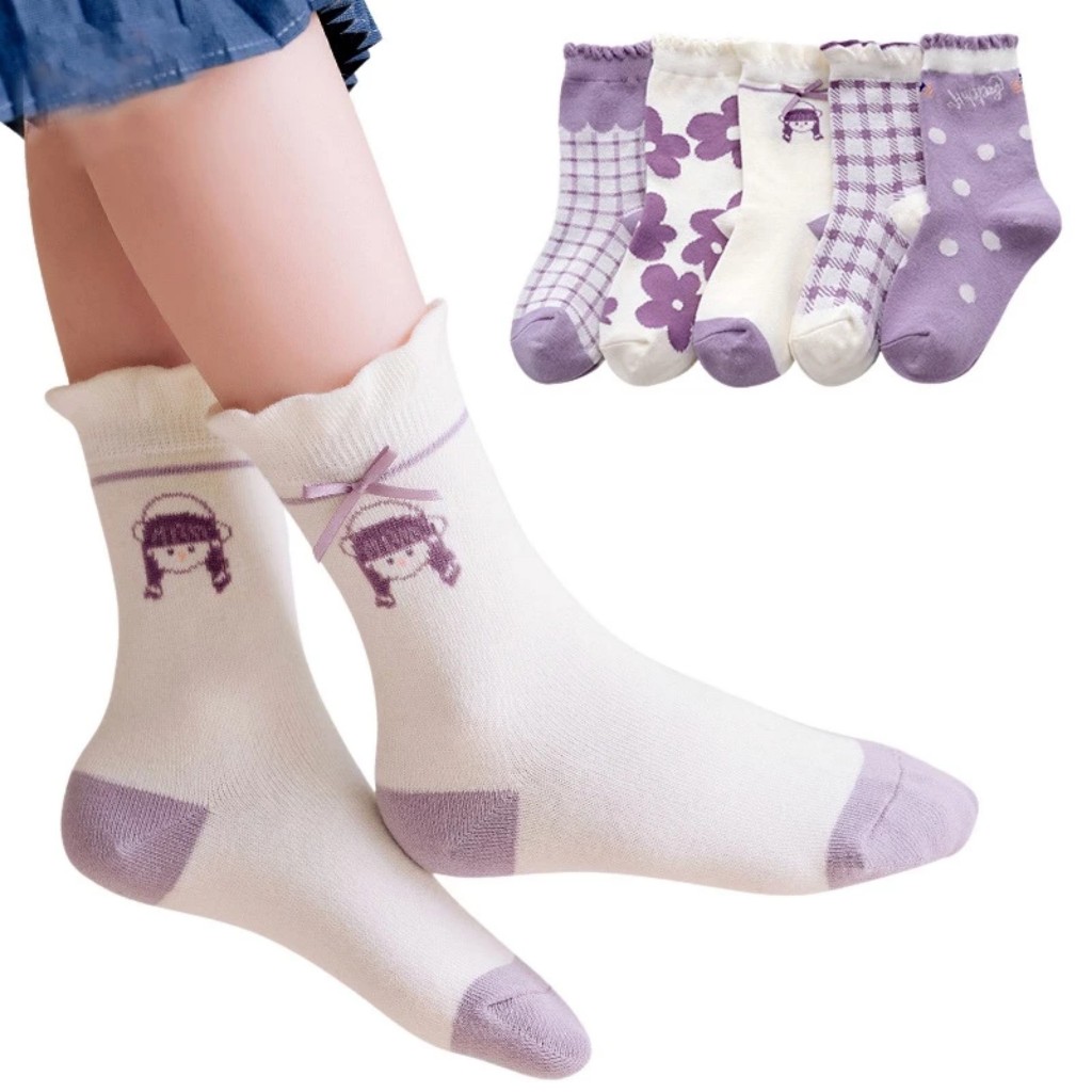 PVN61521 Set 5 đôi tất vớ cotton len họa tiết dâu tây, ô tô cho bé trai, bé gái