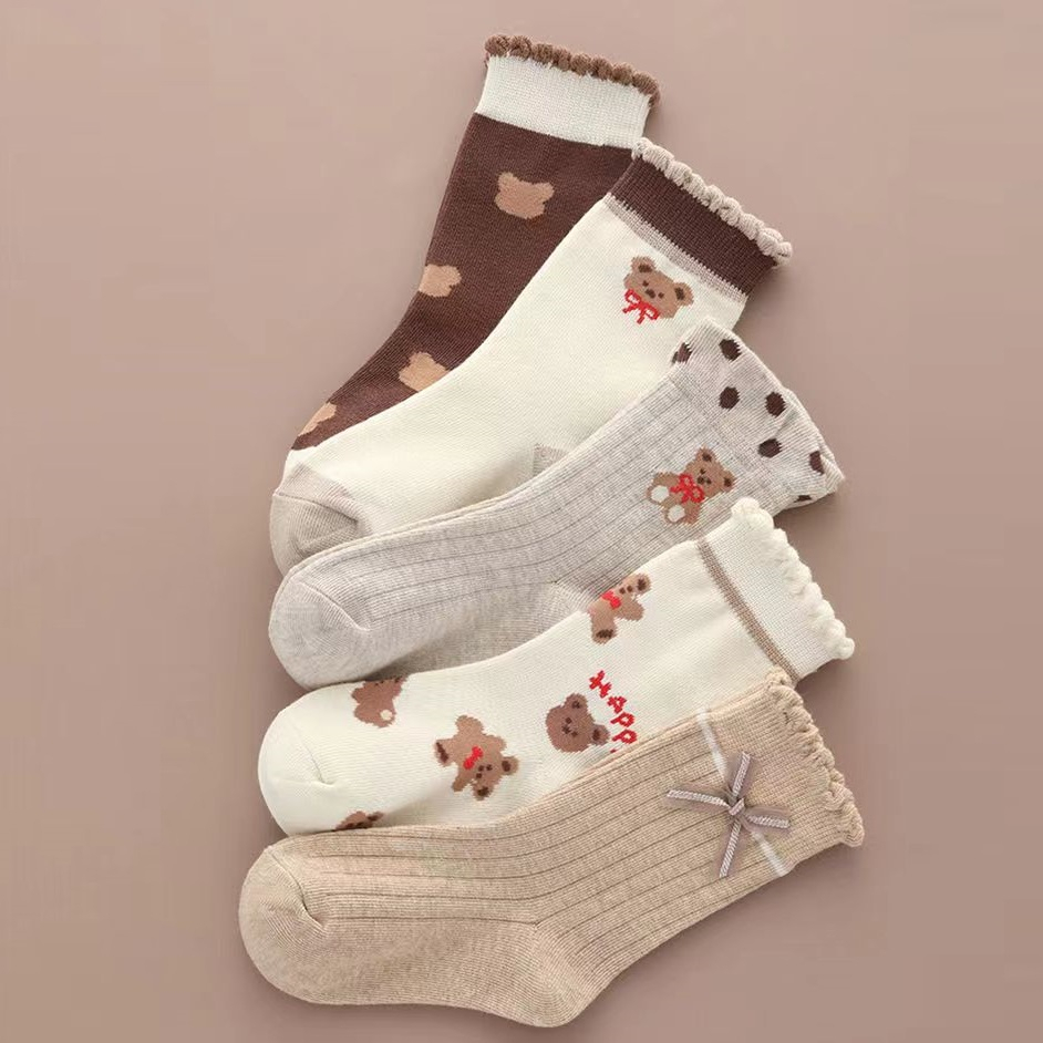 PVN61521 Set 5 đôi tất vớ cotton len họa tiết dâu tây, ô tô cho bé trai, bé gái