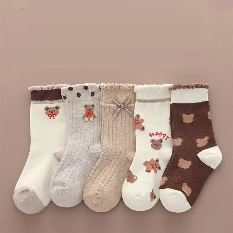 PVN61521 Set 5 đôi tất vớ cotton len họa tiết dâu tây, ô tô cho bé trai, bé gái