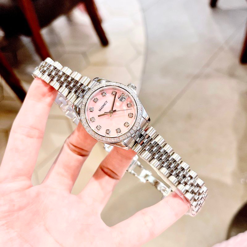 Đồng hồ nữ Madocy 81697 chính hãng mặt tròn đính đá dây kim loại siz 31mm