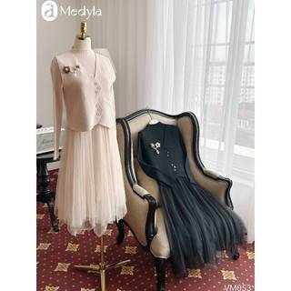 MEDYLA - Set váy len bầu co dãn 2 chi tiết đính hoa dài qua gối giữ ấm cho mẹ bầu mùa đông - VM052
