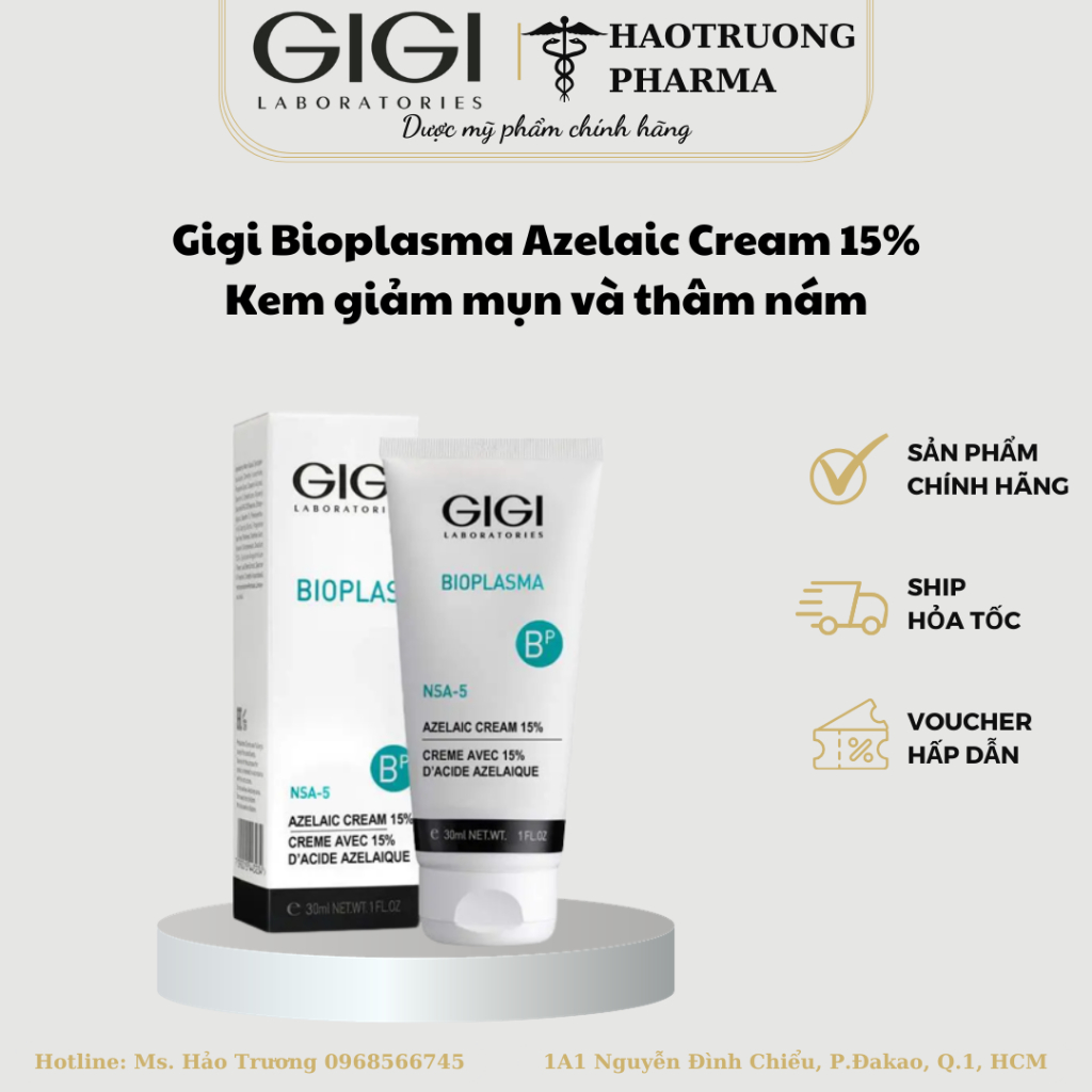 Gigi Bioplasma Azelaic Cream 15% - Kem giảm mụn và thâm nám 30ml