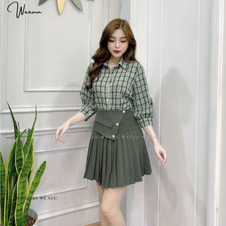 Áo sơ mi nữ công sở tay lỡ Xuu, thiết kế kẻ caro trẻ trung, chất liệu kate mềm mát - Xu02