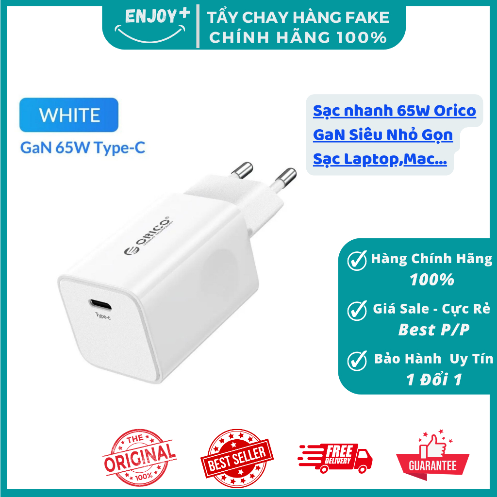 Củ Sạc nhanh 65W Orico GaN Hỗ Trợ Laptop,Tablet,ĐT| GAN Siêu Nhỏ Gọn| Chính Hãng 100%| ENJOY PLUS