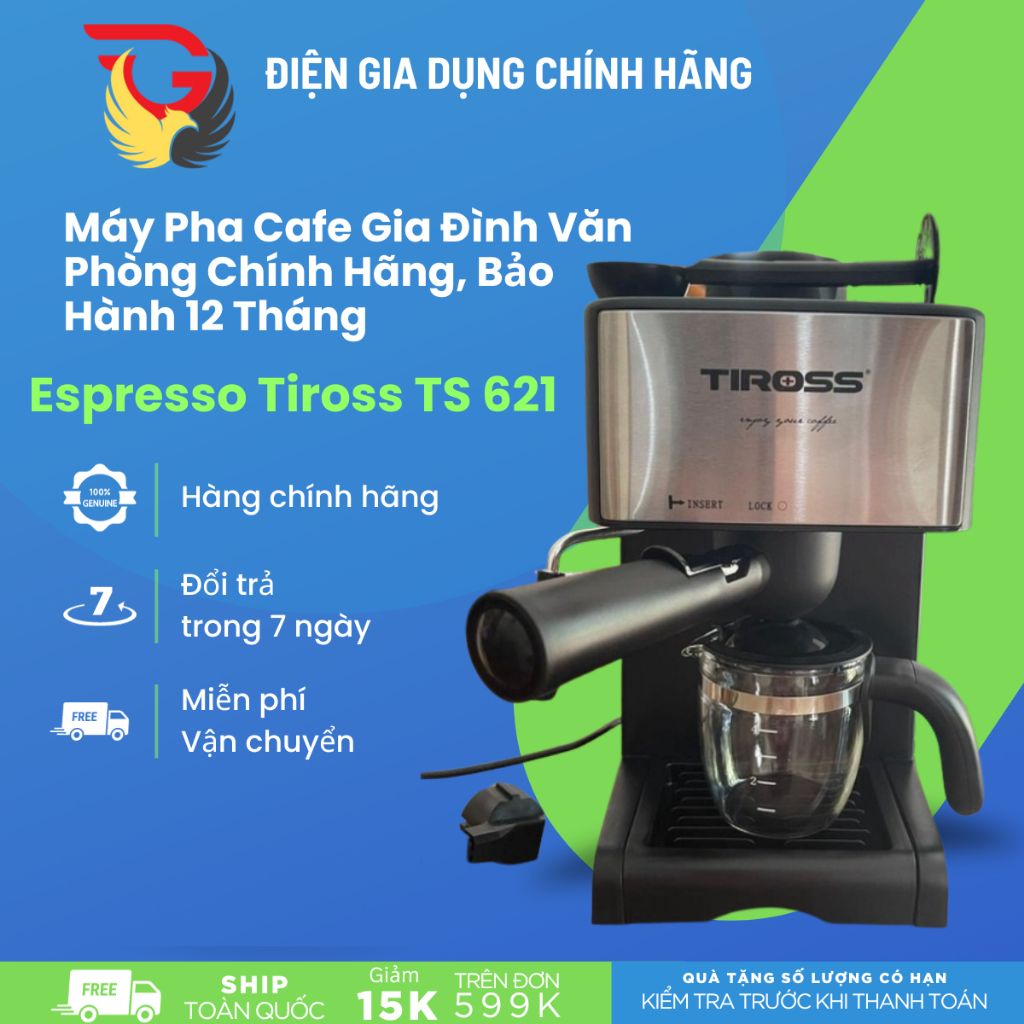 Máy Pha Cafe Espresso Tiross TS 621 Pha Cafe Gia Đình Văn Phòng Chính Hãng, Bảo Hành 12 Tháng