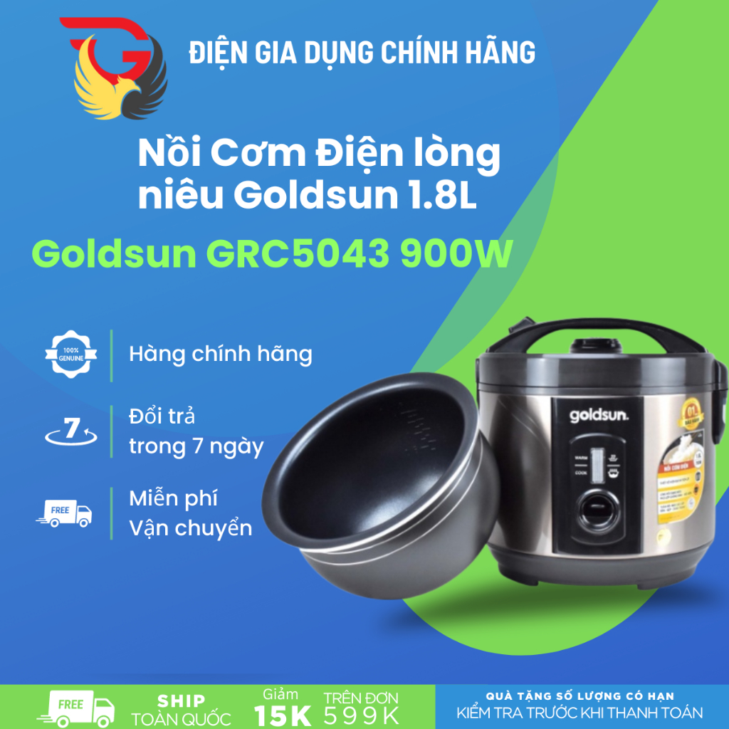 Nồi Cơm Điện lòng niêu Goldsun 1.8L - Goldsun công suất 700W và Goldsun GRC5043 900W - lòng nồi dày 