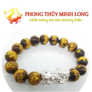 Vòng đá mắt hổ vàng nâu khắc hình rồng 5a mix tỳ hưu bạc