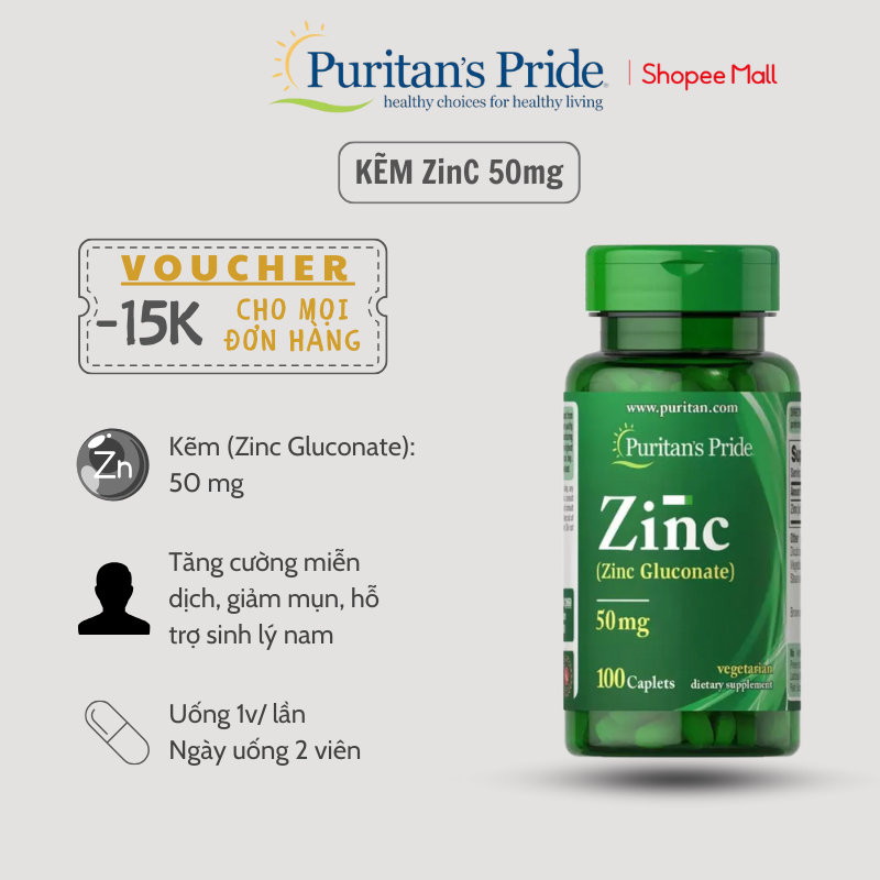 Viên uống bổ sung kẽm Puritan's Pride Zinc Gluconate 50mg 100-250 viên của Mỹ giảm mụn nội tiết, tăng đề kháng