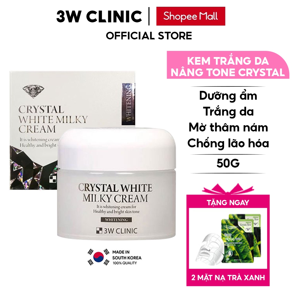 Kem Trắng Da Kim Cương Nâng Tone 3W Clinic Hàn Quốc Crystal White Milky Cream Giúp Da Trắng Sáng Giảm Nếp Nhăn 50ML