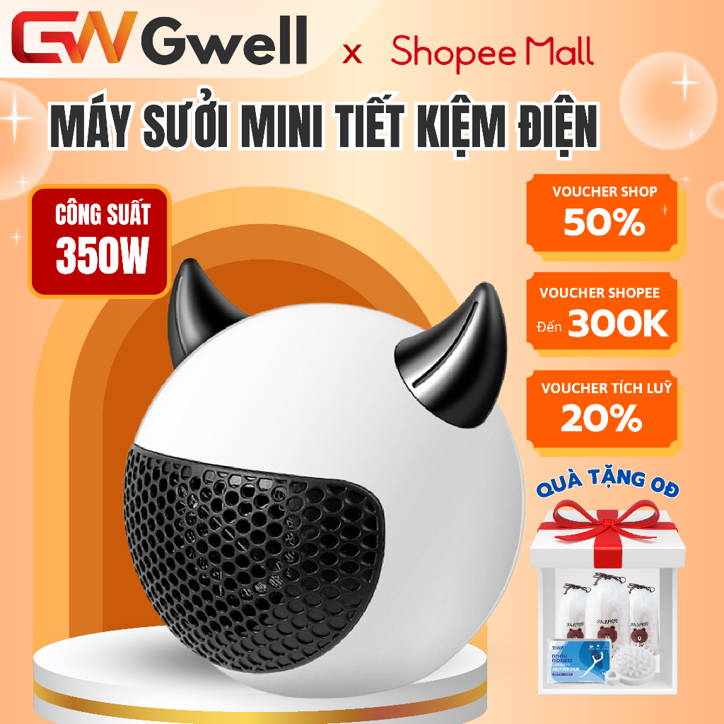 Quạt Sưởi Ấm Mini Để Bàn Đa Năng GWELL Máy Sưởi Mini Công Suất 350W Chống Bỏng, Chống Lật, Tiết Kiệm Điện - QS04