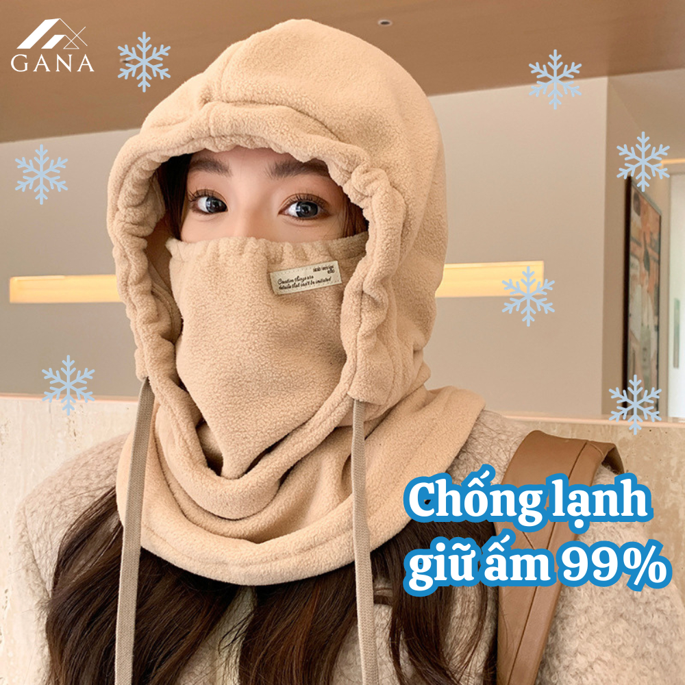 Mũ Trùm Đầu Mùa Đông Nỉ Lông Cừu Chống Gió Giữ Ấm Kiểu Dây Rút, Mũ Lông Cừu Dày Mịn Ấm Áp.
