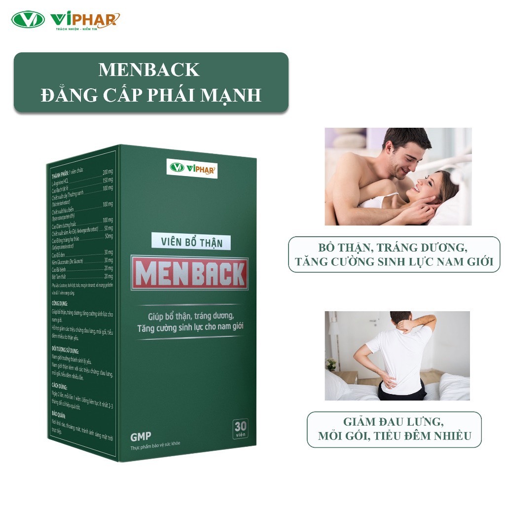 Viên Bổ Thận Tráng Dương MENBACK Giúp Mạnh Gân Cốt, Tăng Cường Sinh Lực Nam, Giảm Đau Lưng, Mỏi Gối, Tiểu Đêm- Lọ 30viên