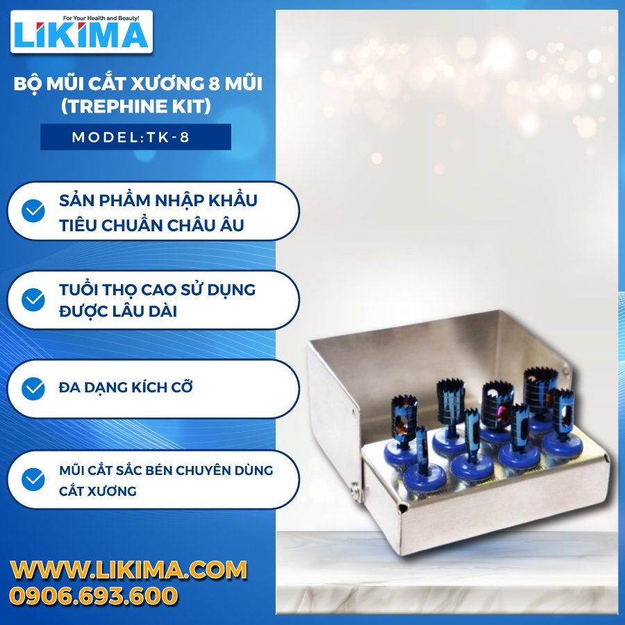 Bộ mũi cắt xương, 8 mũi (Trephine Kit) – TK-8 Likima