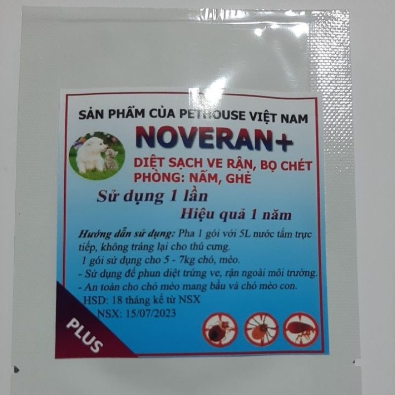 NOVERAN+ Gói tắm chó mèo diệt hết sạch ve, rận, bọ chét sau 1 lần tắm  hiệu quả kéo dài 6 tháng. không độc hại. dùng đượ