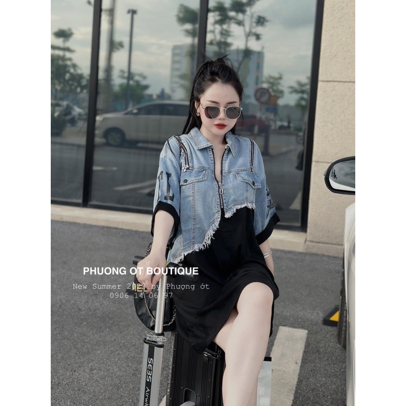 Đầm pha jean suông rộng đắp túi nắp khóa kéo tay ngắn 0723 thaotranshop90 [kèm theo hình thật trải sàn]
