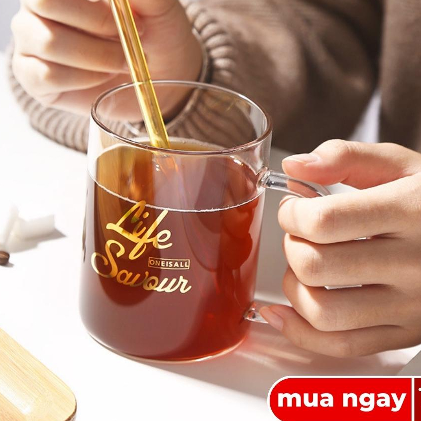Ly thuỷ tinh có quai chịu nhiệt uống nước mỏng nhẹ sang trọng, Cốc uống nước dung tích 400ml dễ thương Lotida
