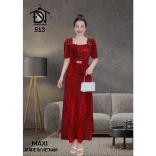 Đầm maxi trung niên dự tiệc sang trọng vải kim tuyến nhũ kim sa tặng mẹ, dáng peplum, co giãn tốt bigsize 80kg M513