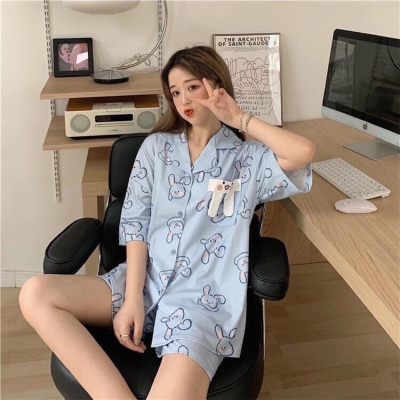Bộ đồ ngủ pijama nữ cộc tay quần đùi chất lụa Kate Thái mềm mịn họa tiết thỏ xanh