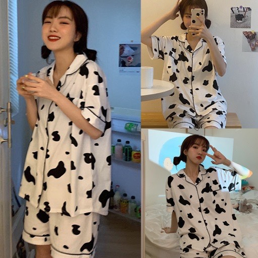 Bộ đồ ngủ pijama nữ cộc tay quần đùi chất lụa Kate Thái mềm mịn họa tiết bò sữa trắng đáng yêu