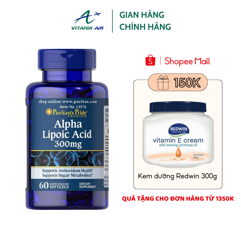 Viên uống chống lão hóa Puritan's Pride Alpha lipoic acid 300mg Mỹ 60 viên làm đẹp da, giảm tàn nhang