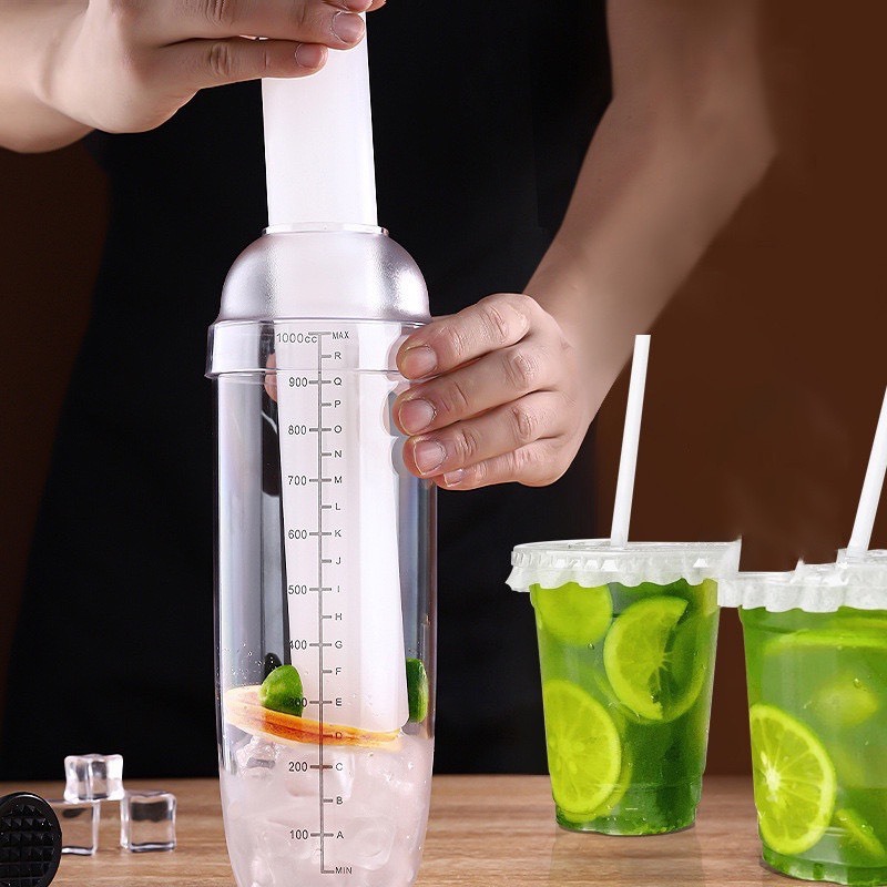 Bộ Dụng Cụ Pha Chế Trà Chanh Dầm, Chanh Giã Tay Hot Nhất 2023 Shaker 1000ml Nhựa 4 Mảnh + Chày Bar Nhựa 40 cm
