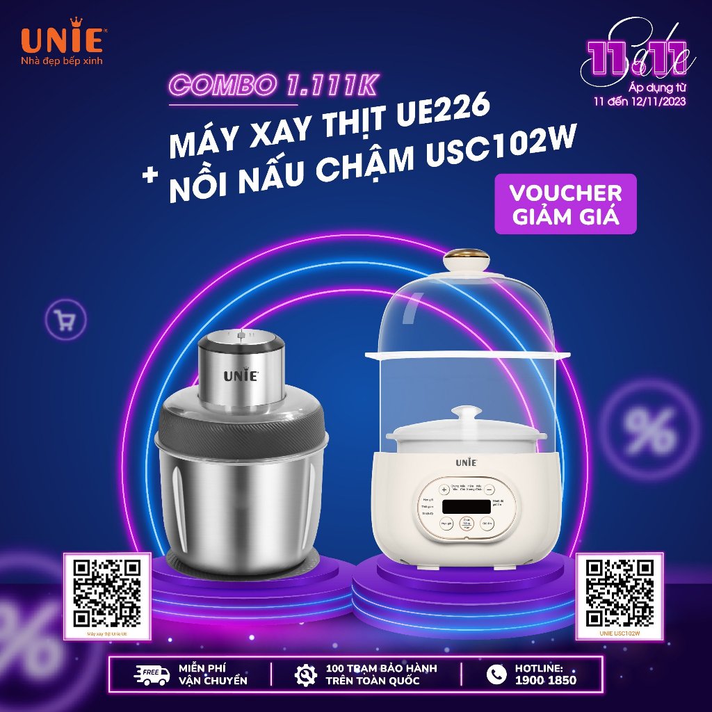 Máy Xay Thịt, Máy Xay Đa Năng UNIE UE-226 - 3 Cối Inox 304 - 2 Lưỡi Xay