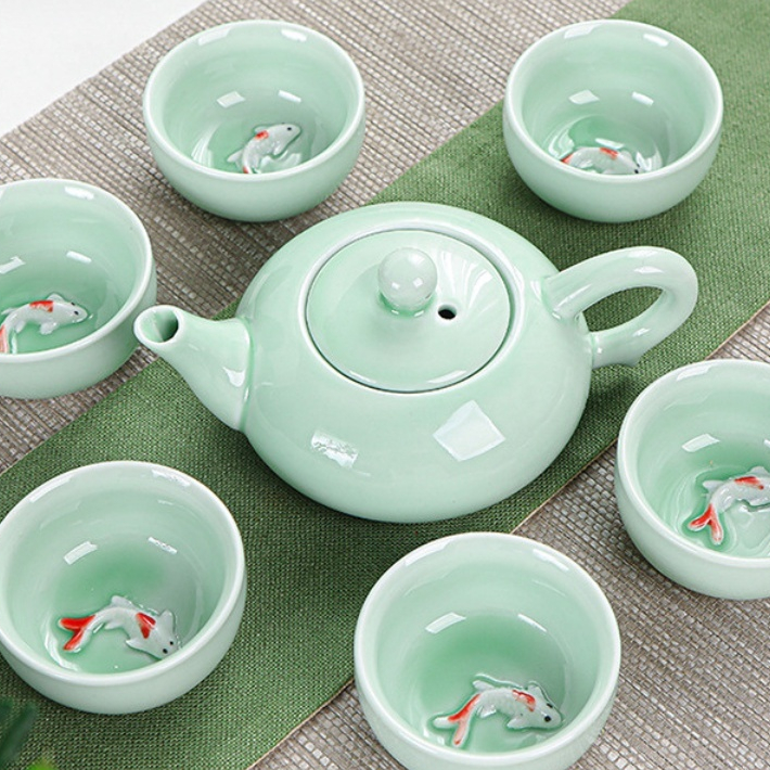 Bộ Trà Men Ngọc Xiao Dehua Cá Nhỏ 6 Người - Tách Cá Chép Bộ Ấm Trà Gốm Sứ Trọn Bộ Quà Tặng Sự Kiện