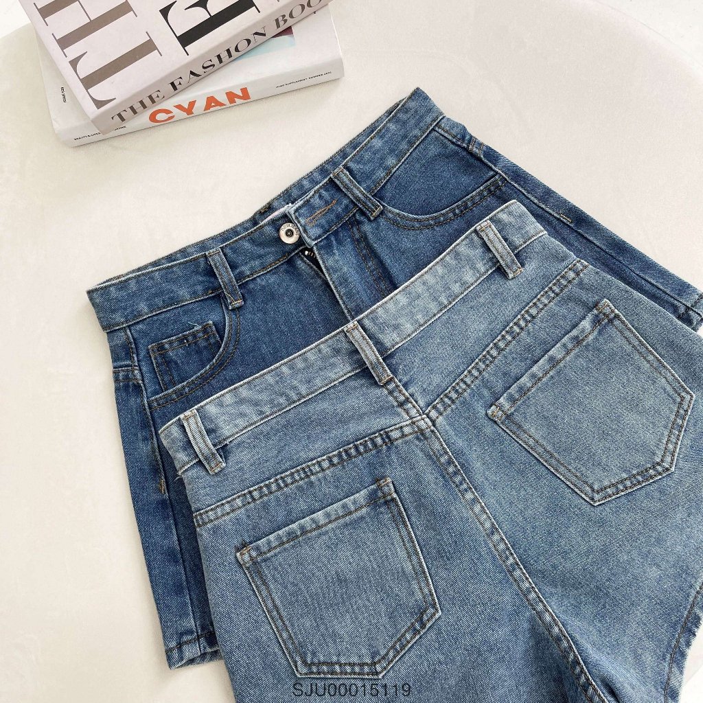 Quần đùi nữ VMSTYLE lưng cao, short jean ngố trơn lai thường - SJU00015