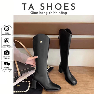 Bốt đùi cổ V, boot nữ cao cổ chữ H khoá sau gót vuông 7p da mềm 3 màu đen nâu kem Hàng Qc sịn loại 1 fullbox Có lót lông