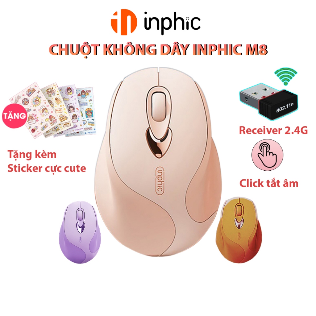 Chuột máy tính không dây Yindiao INPHIC M8 màu hồng kiểu dáng độc lạ silent chống ồn pin sạc dành cho laptop vp
