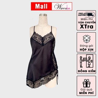 Váy ngủ lụa phối ren Nhật WANNABE đầm ngủ lai ren xéo vạt ngắn quyến rũ gợi cảm DNS15