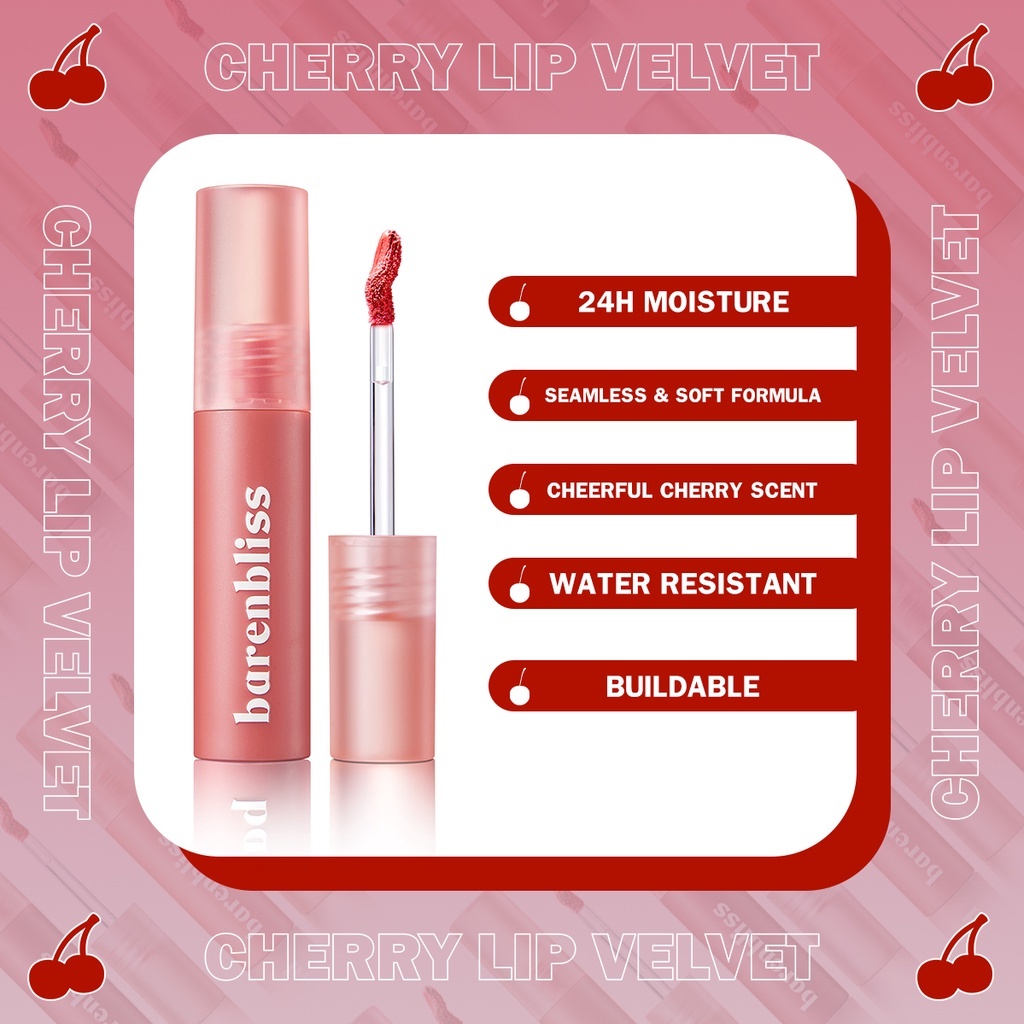 Son Kem Lì Như Nhung Cherry Hàn Quốc Barenbliss Dạng Kem Mịn Mượt Không Khô Môi Lâu Trôi Chống Nước Lip Velvet 2.5g